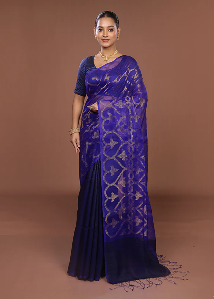 Blue Handloom Matka Pure Silk Saree With Blouse Piece - Image 2