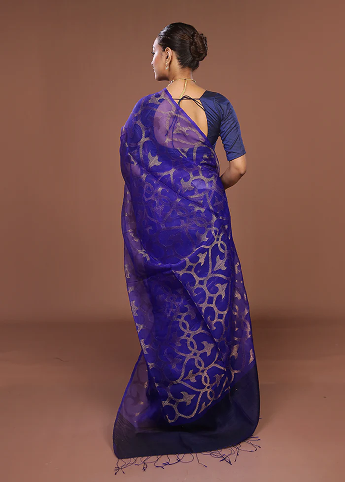 Blue Handloom Matka Pure Silk Saree With Blouse Piece - Image 3