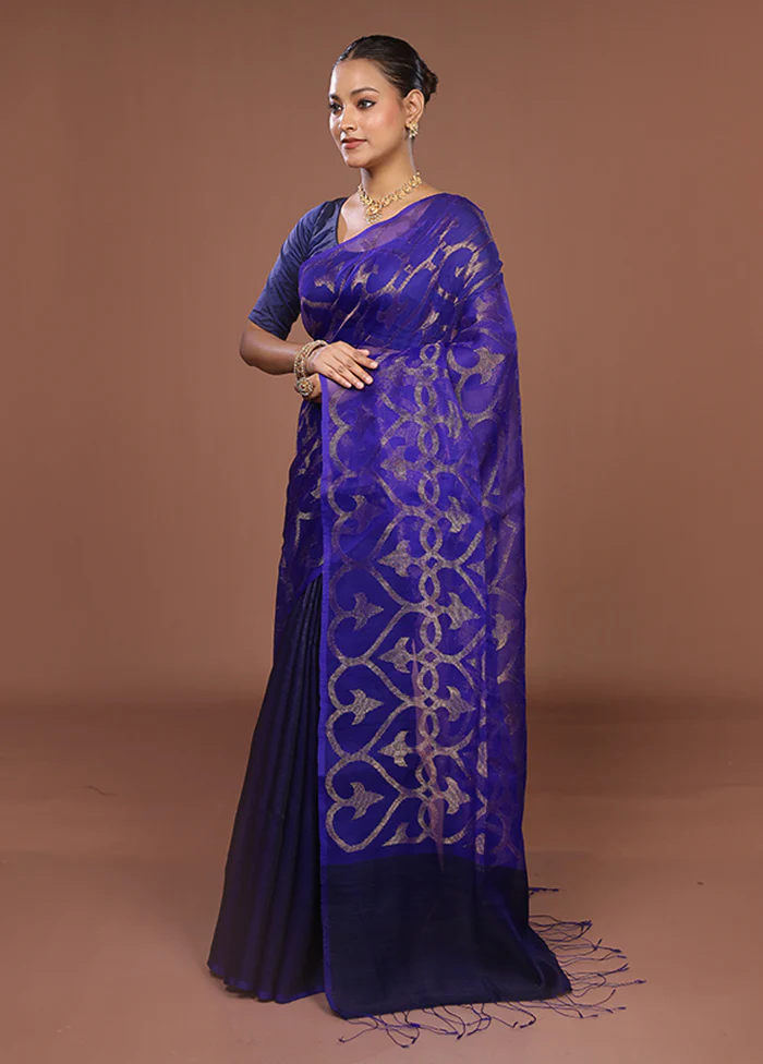 Blue Handloom Matka Pure Silk Saree With Blouse Piece - Image 4