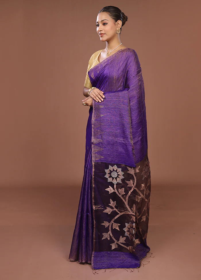 Blue Handloom Matka Pure Silk Saree With Blouse Piece - Image 4