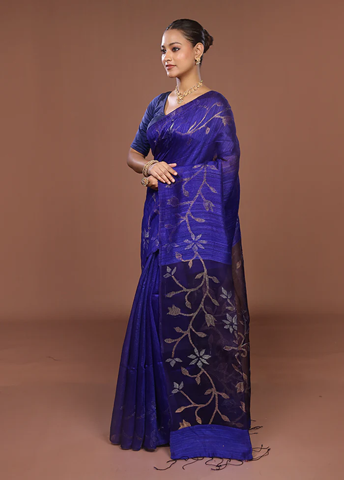 Blue Handloom Matka Pure Silk Saree With Blouse Piece - Image 3