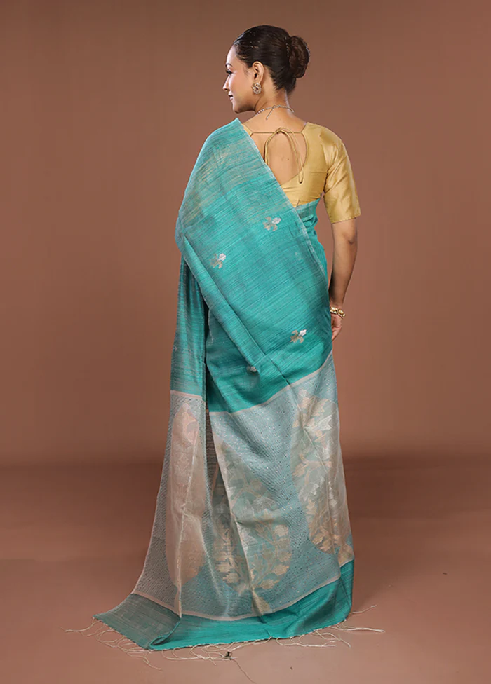 Blue Handloom Matka Pure Silk Saree With Blouse Piece - Image 3