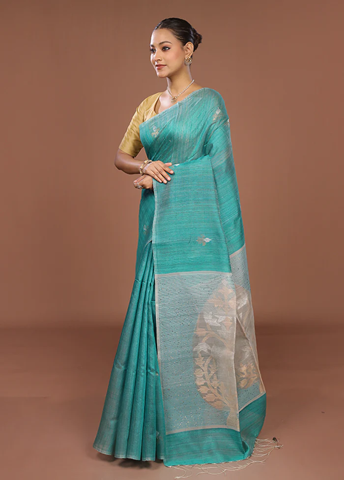 Blue Handloom Matka Pure Silk Saree With Blouse Piece - Image 4