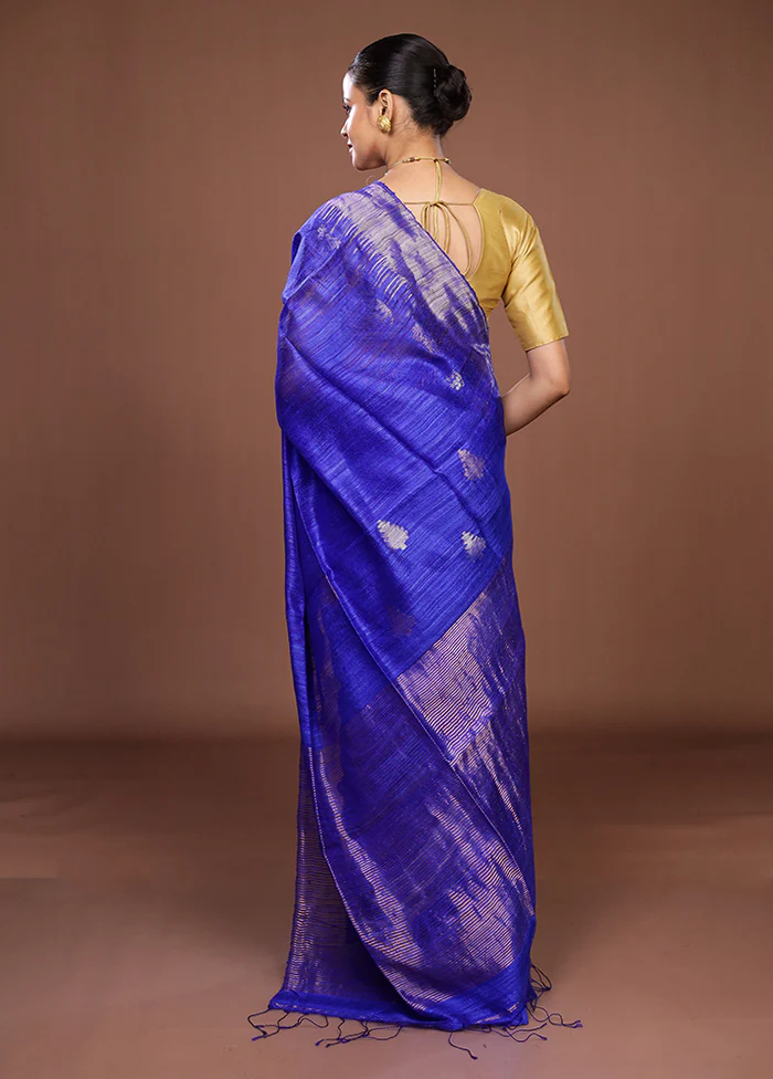 Blue Handloom Matka Pure Silk Saree With Blouse Piece - Image 3