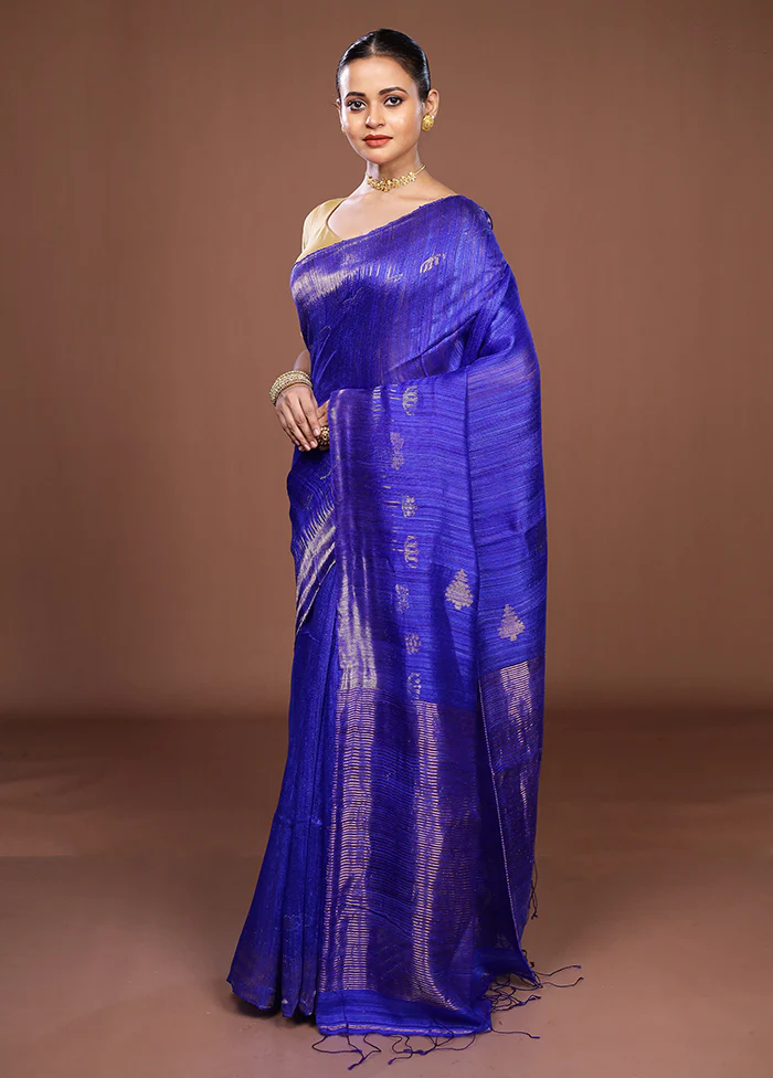 Blue Handloom Matka Pure Silk Saree With Blouse Piece - Image 4