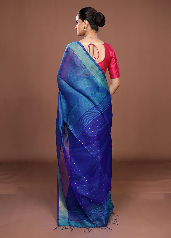 Blue Handloom Matka Pure Silk Saree With Blouse Piece - Image 3