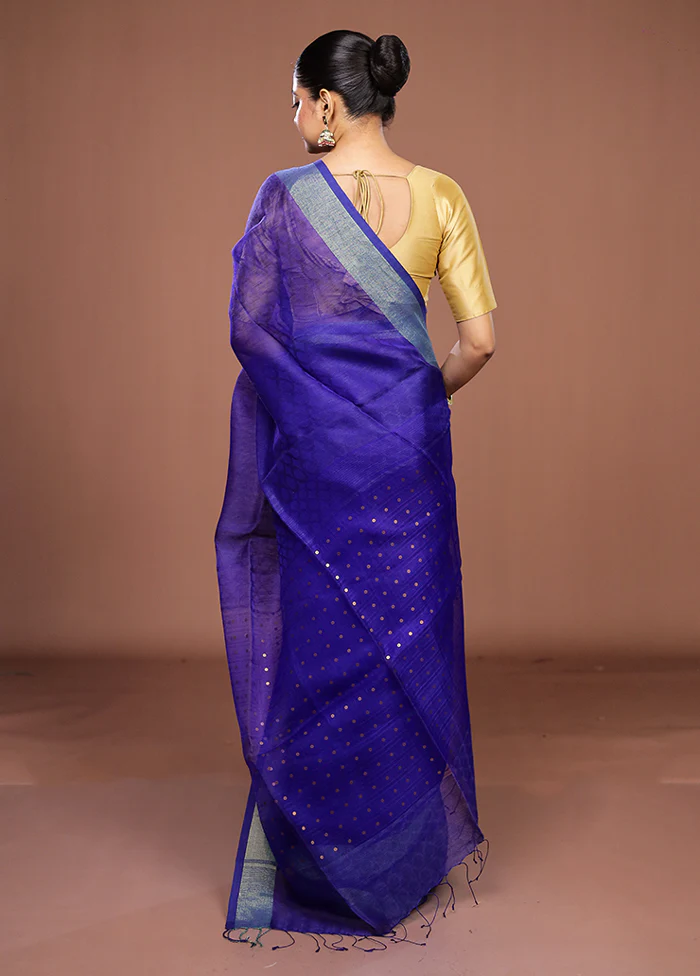 Blue Handloom Matka Pure Silk Saree With Blouse Piece - Image 3