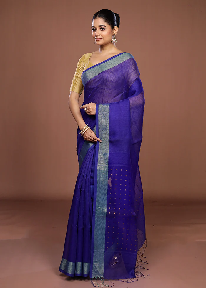 Blue Handloom Matka Pure Silk Saree With Blouse Piece - Image 4