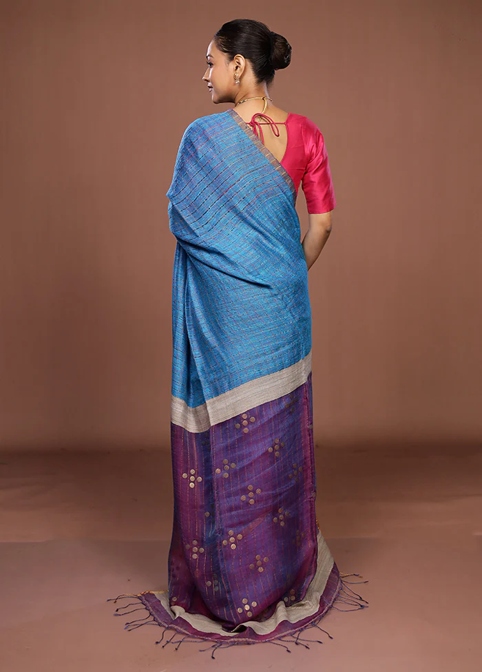 Blue Handloom Matka Pure Silk Saree With Blouse Piece - Image 3