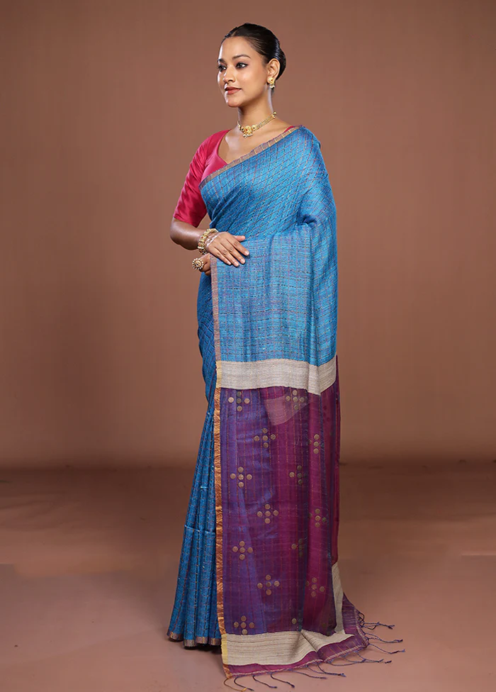 Blue Handloom Matka Pure Silk Saree With Blouse Piece - Image 4