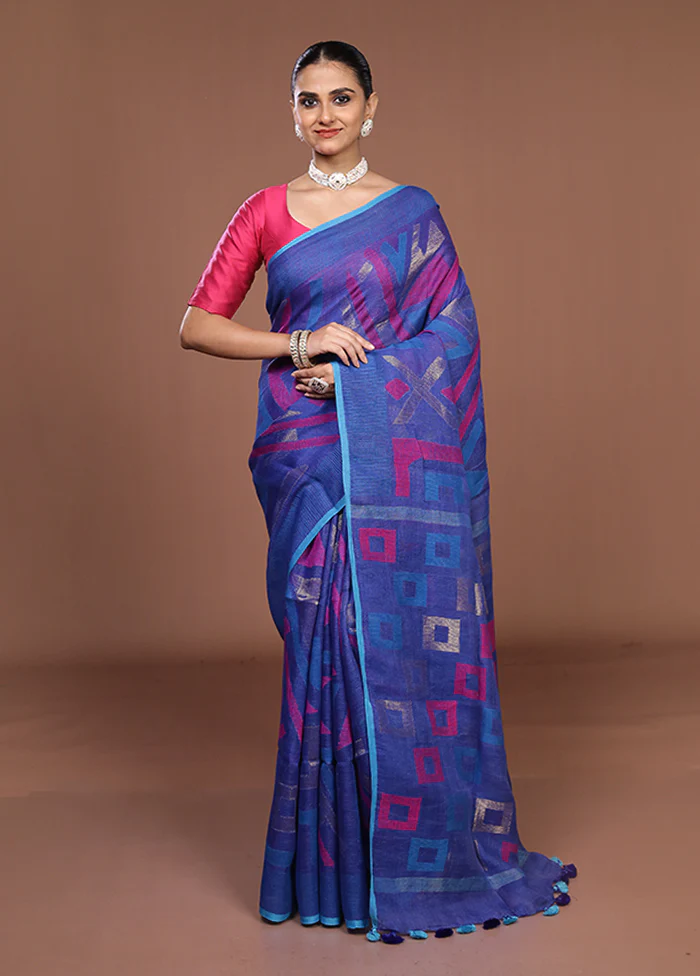 Blue Handloom Matka Pure Silk Saree With Blouse Piece - Image 2