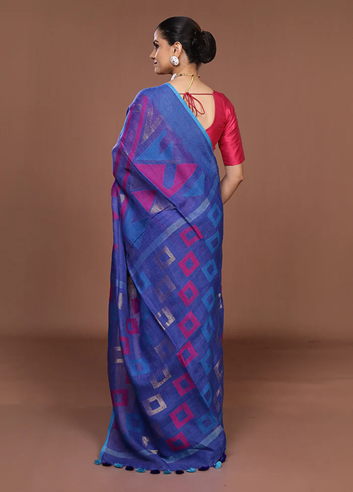 Blue Handloom Matka Pure Silk Saree With Blouse Piece - Image 3