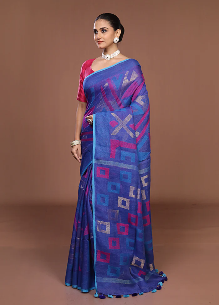 Blue Handloom Matka Pure Silk Saree With Blouse Piece - Image 4