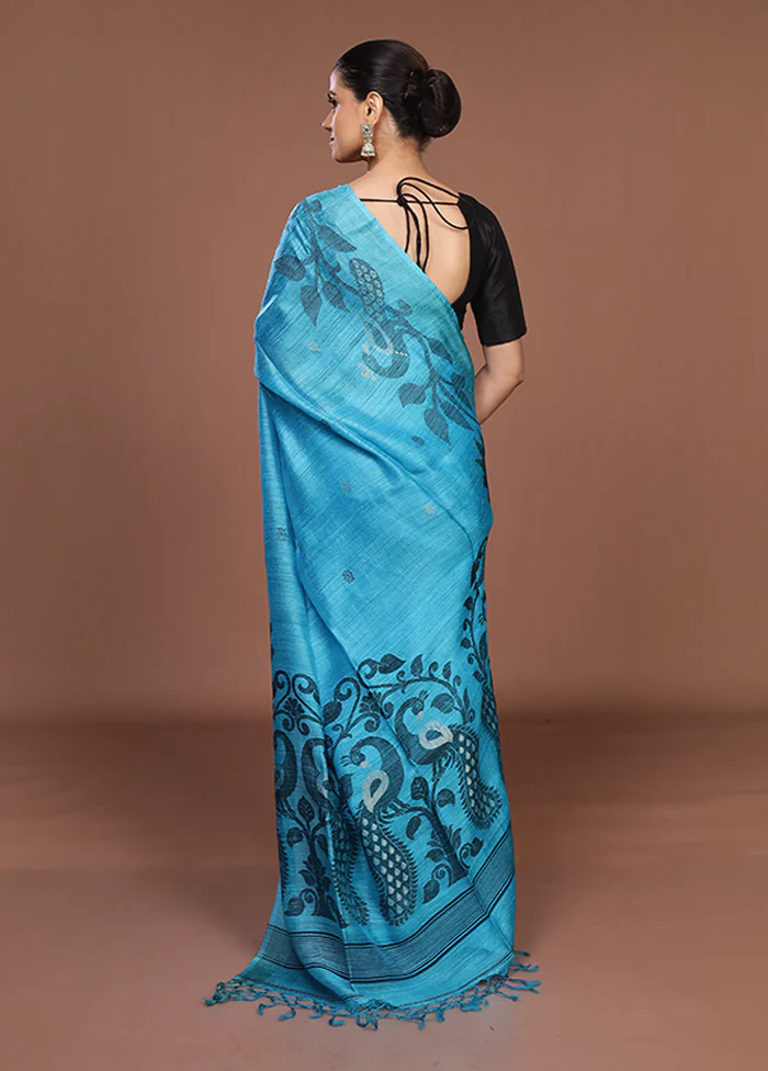 Blue Handloom Matka Pure Silk Saree With Blouse Piece - Image 3