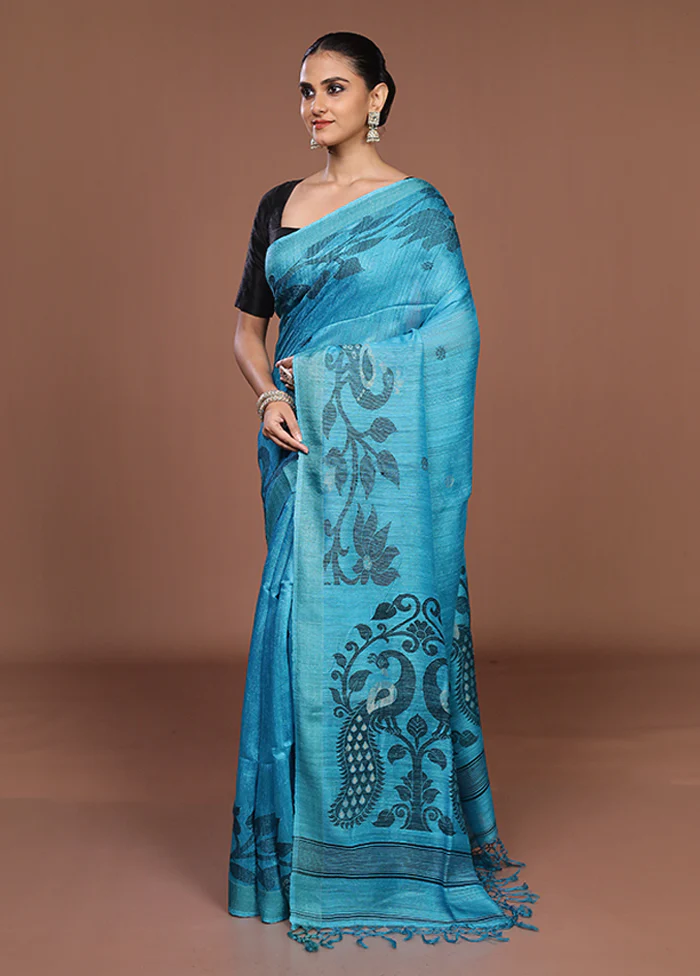Blue Handloom Matka Pure Silk Saree With Blouse Piece - Image 4