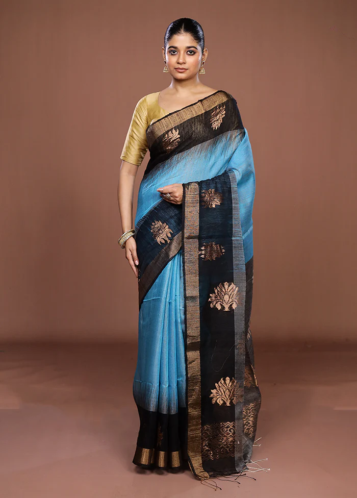 Blue Handloom Matka Pure Silk Saree With Blouse Piece - Image 2