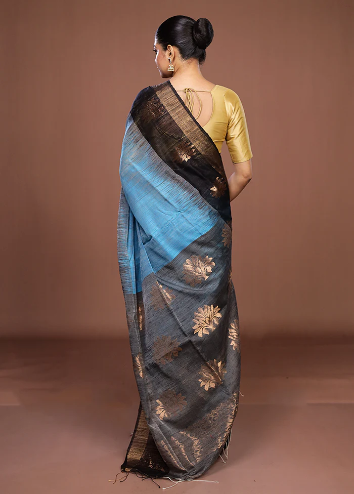 Blue Handloom Matka Pure Silk Saree With Blouse Piece - Image 3
