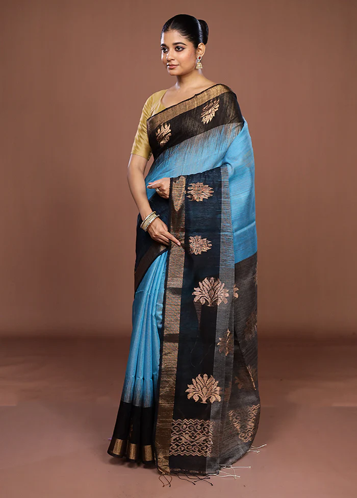 Blue Handloom Matka Pure Silk Saree With Blouse Piece - Image 4