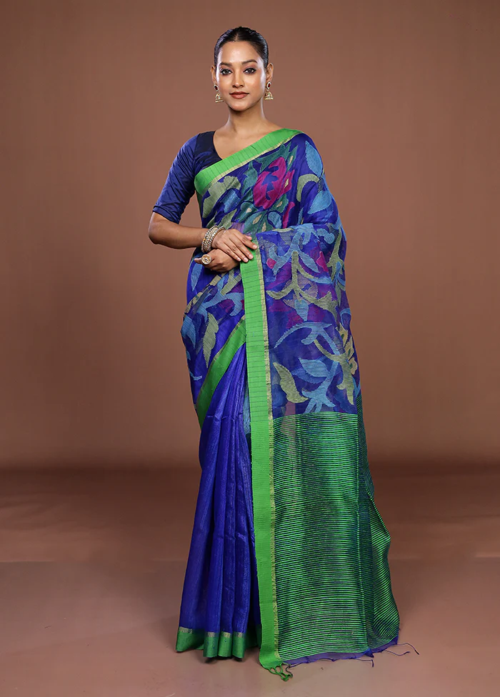 Blue Handloom Matka Pure Silk Saree With Blouse Piece - Image 2