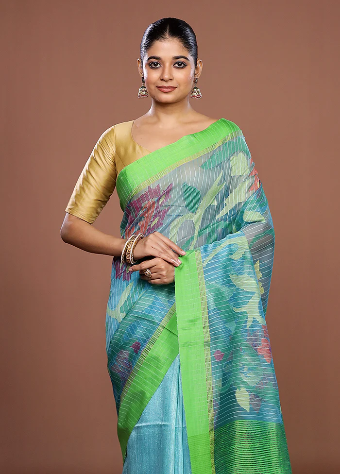 Blue Handloom Matka Pure Silk Saree With Blouse Piece