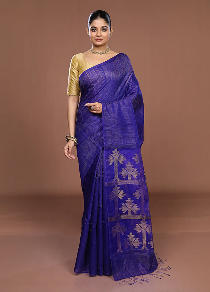 Blue Handloom Matka Pure Silk Saree With Blouse Piece - Image 2