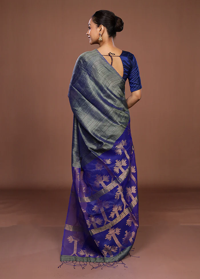 Blue Handloom Matka Pure Silk Saree With Blouse Piece - Image 3