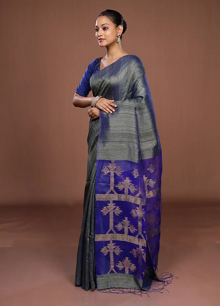 Blue Handloom Matka Pure Silk Saree With Blouse Piece - Image 4