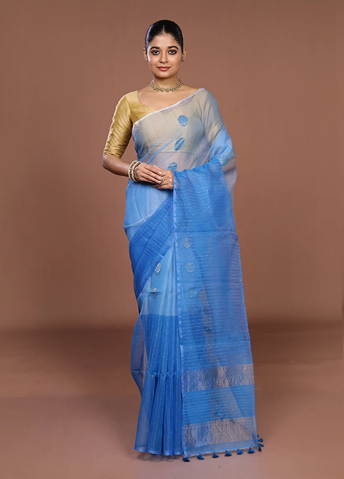 Blue Handloom Matka Pure Silk Saree With Blouse Piece - Image 2