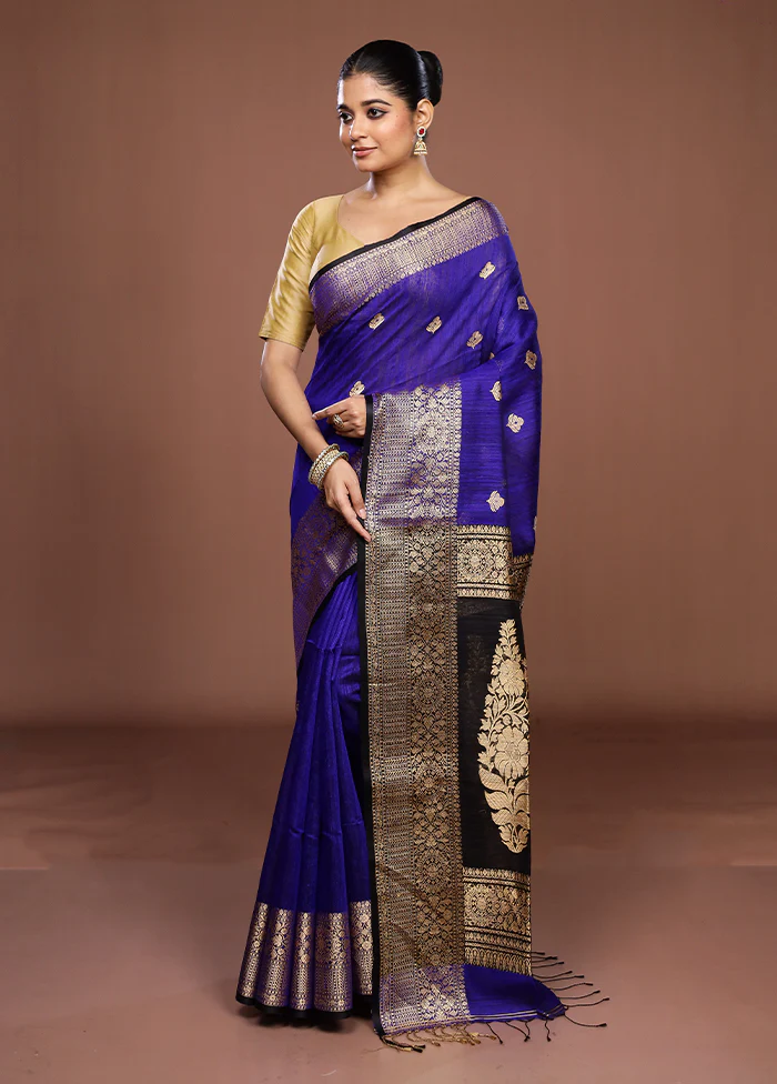 Blue Handloom Matka Pure Silk Saree With Blouse Piece - Image 4