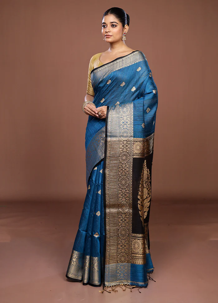 Blue Handloom Matka Pure Silk Saree With Blouse Piece - Image 4
