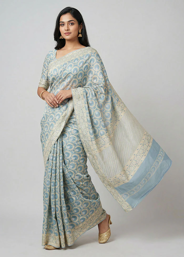 Blue Handloom Pure Cotton Saree With Blouse Piece