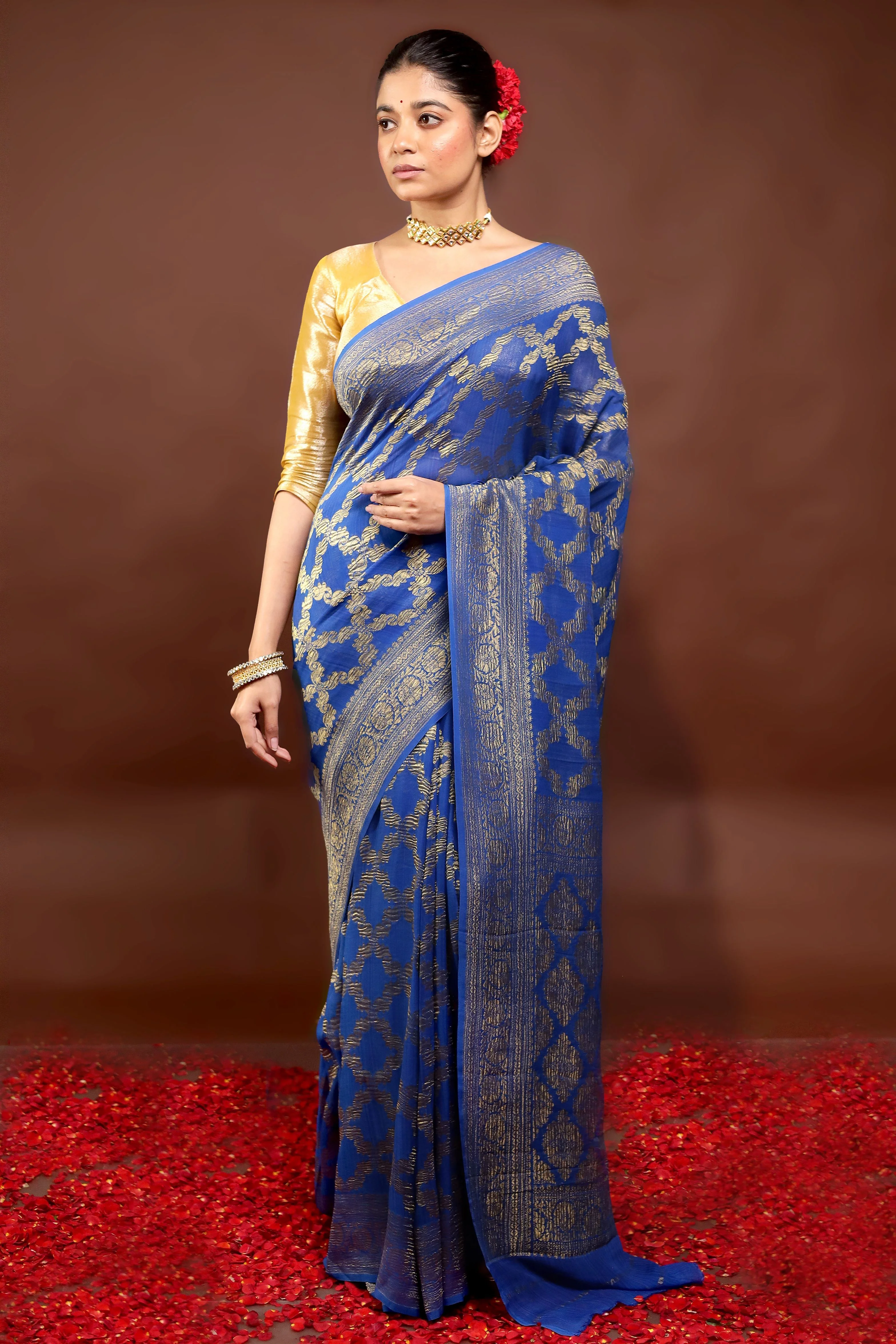 Blue Handloom Pure Georgette Saree With Blouse Piece - Image 3