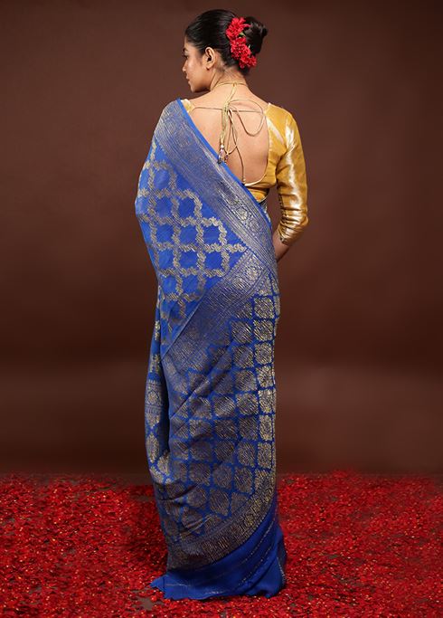 Blue Handloom Pure Georgette Saree With Blouse Piece - Image 4