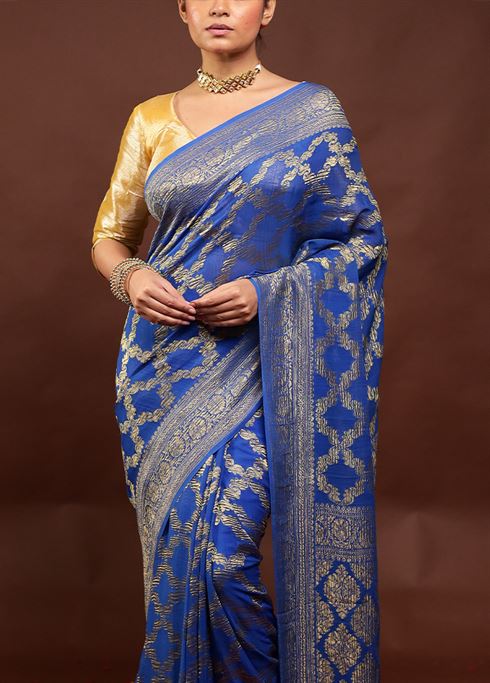 Blue Handloom Pure Georgette Saree With Blouse Piece - Image 5