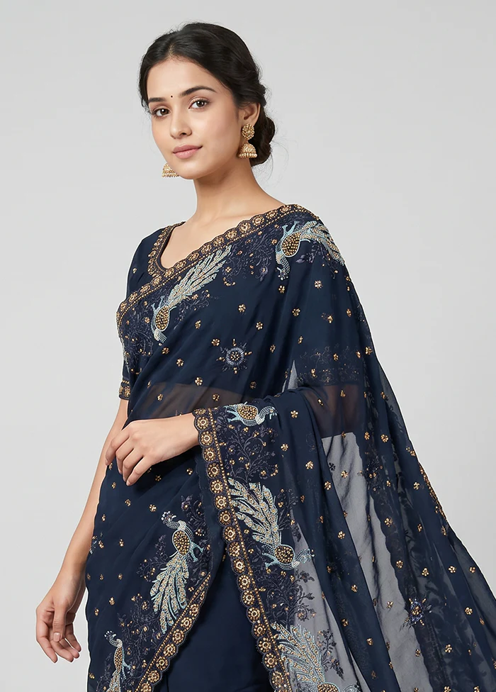 Blue Handloom Pure Georgette Saree With Blouse Piece - Image 2