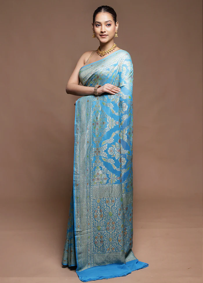 Blue Handloom Pure Georgette Saree With Blouse Piece - Image 4