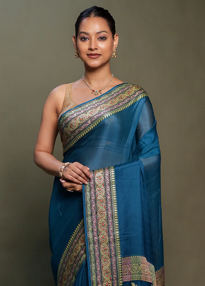 Blue Handloom Pure Georgette Saree With Blouse Piece
