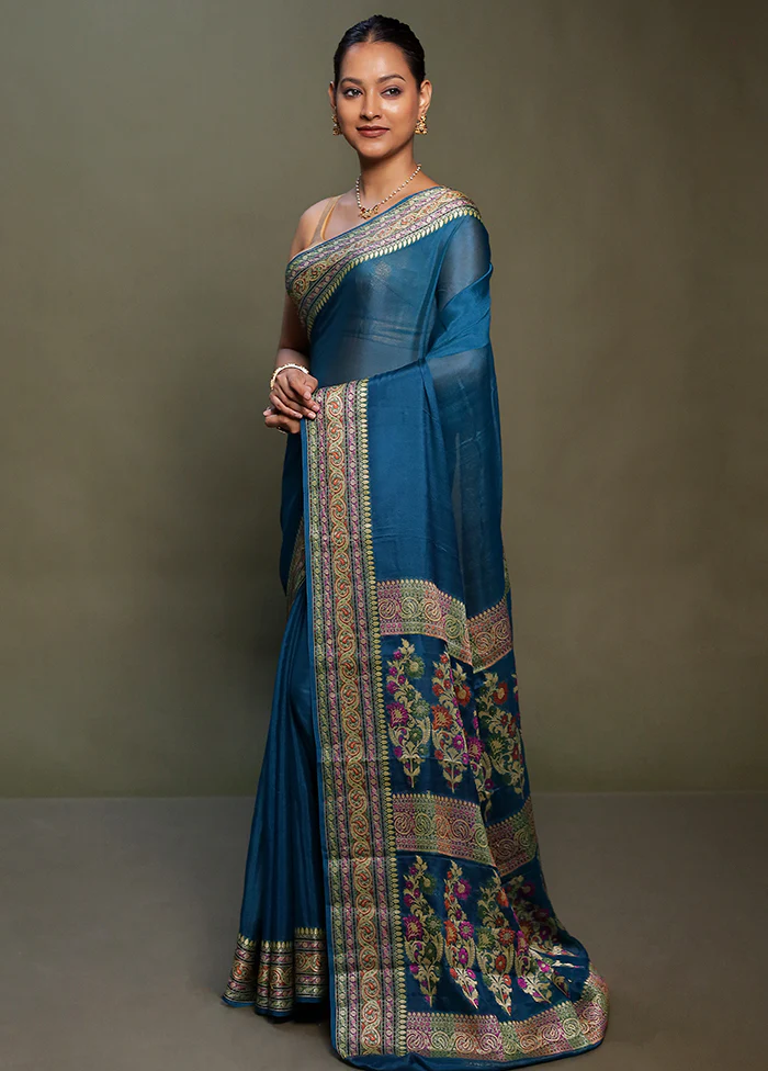 Blue Handloom Pure Georgette Saree With Blouse Piece - Image 4