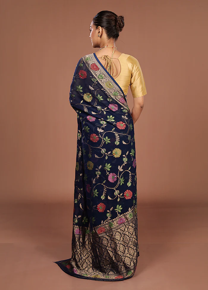 Blue Handloom Pure Georgette Saree With Blouse Piece - Image 3