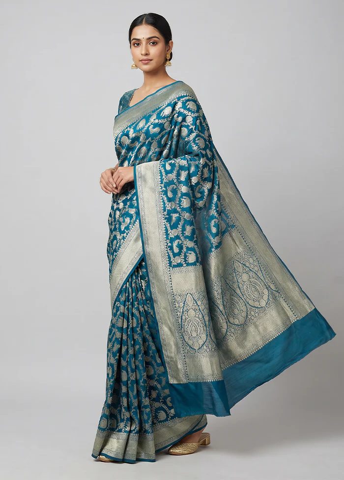Blue Handloom Pure Georgette Saree With Blouse Piece