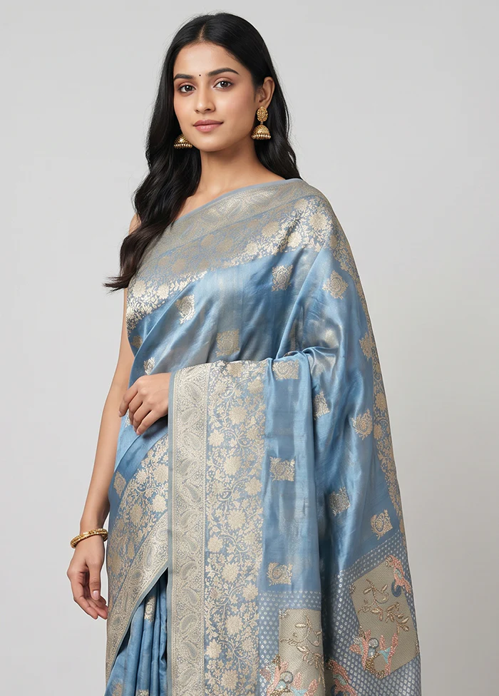 Blue Handloom Pure Georgette Saree With Blouse Piece - Image 2