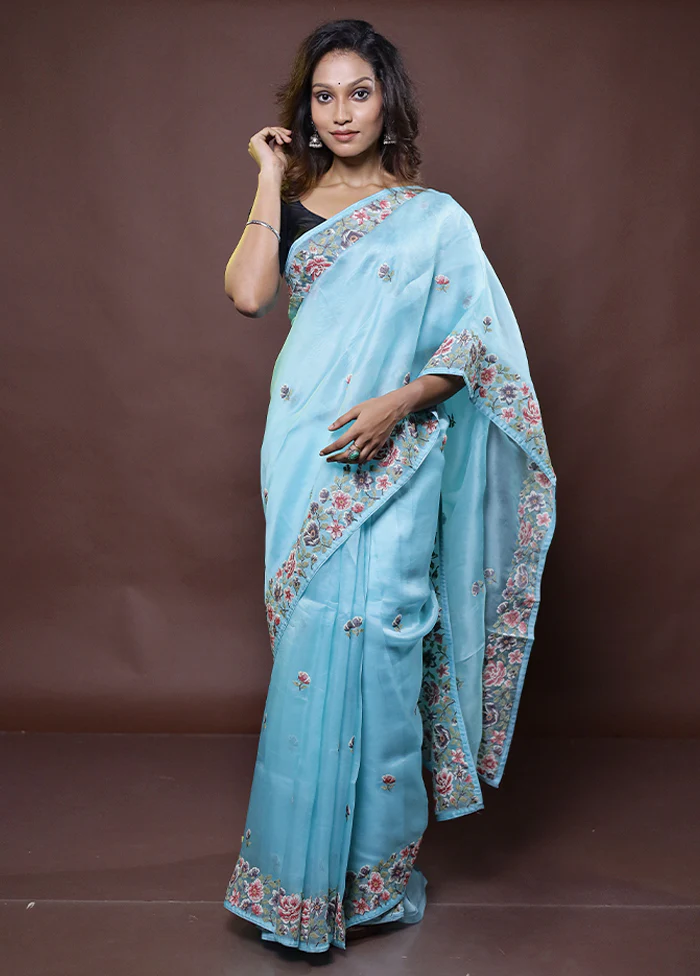 Blue Handloom Pure Organza Saree With Blouse Piece - Image 2