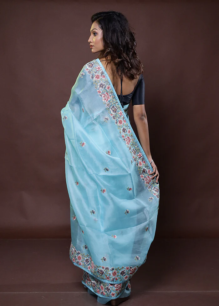 Blue Handloom Pure Organza Saree With Blouse Piece - Image 3