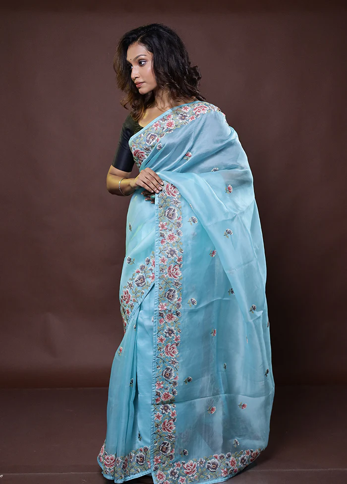 Blue Handloom Pure Organza Saree With Blouse Piece - Image 4