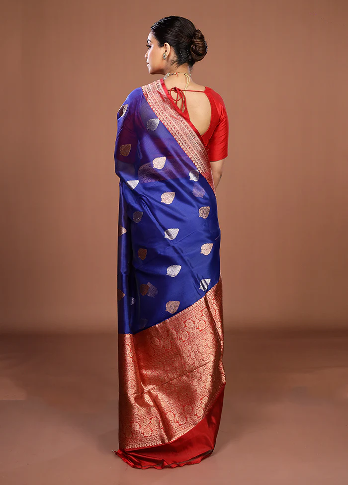 Blue Handloom Pure Organza Saree With Blouse Piece - Image 3