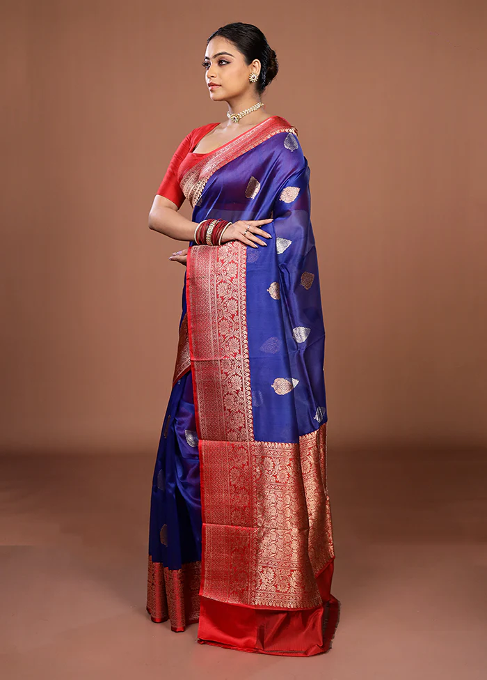 Blue Handloom Pure Organza Saree With Blouse Piece - Image 4
