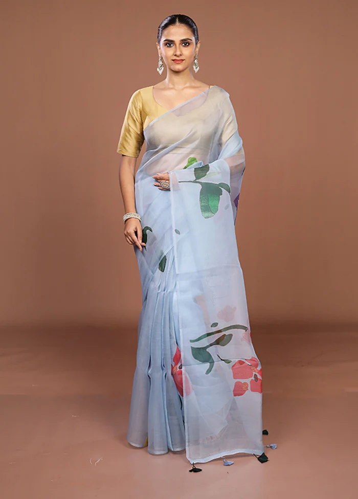 Blue Handloom Pure Organza Saree With Blouse Piece - Image 2