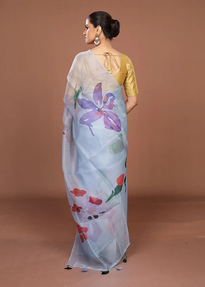 Blue Handloom Pure Organza Saree With Blouse Piece - Image 3