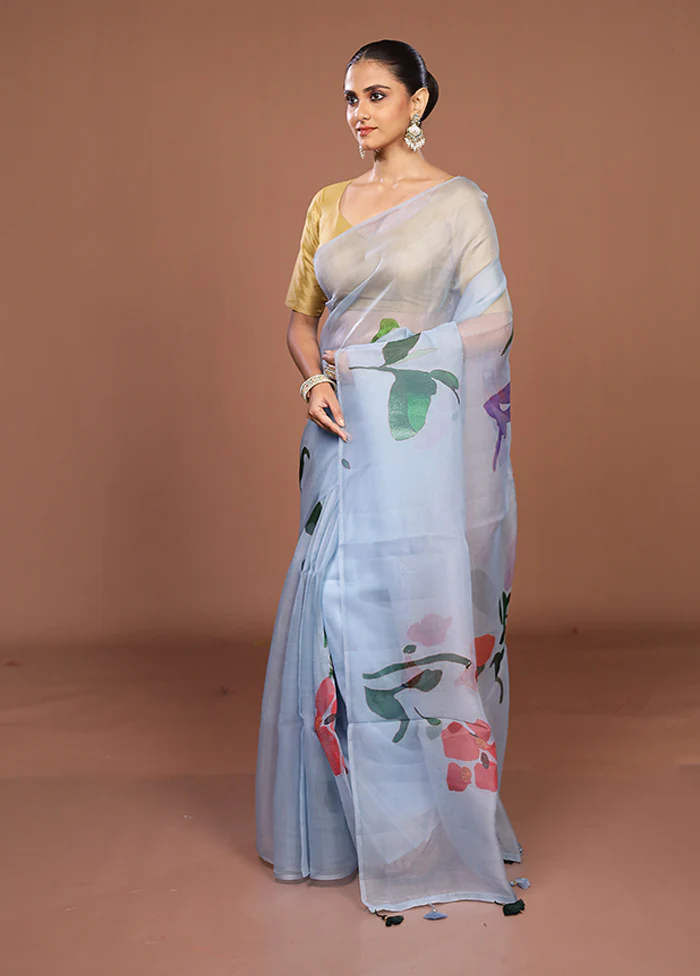 Blue Handloom Pure Organza Saree With Blouse Piece - Image 4