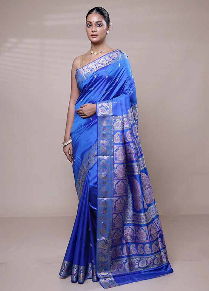 Blue Handloom Swarnachuri Pure Silk Saree With Blouse Piece - Image 2